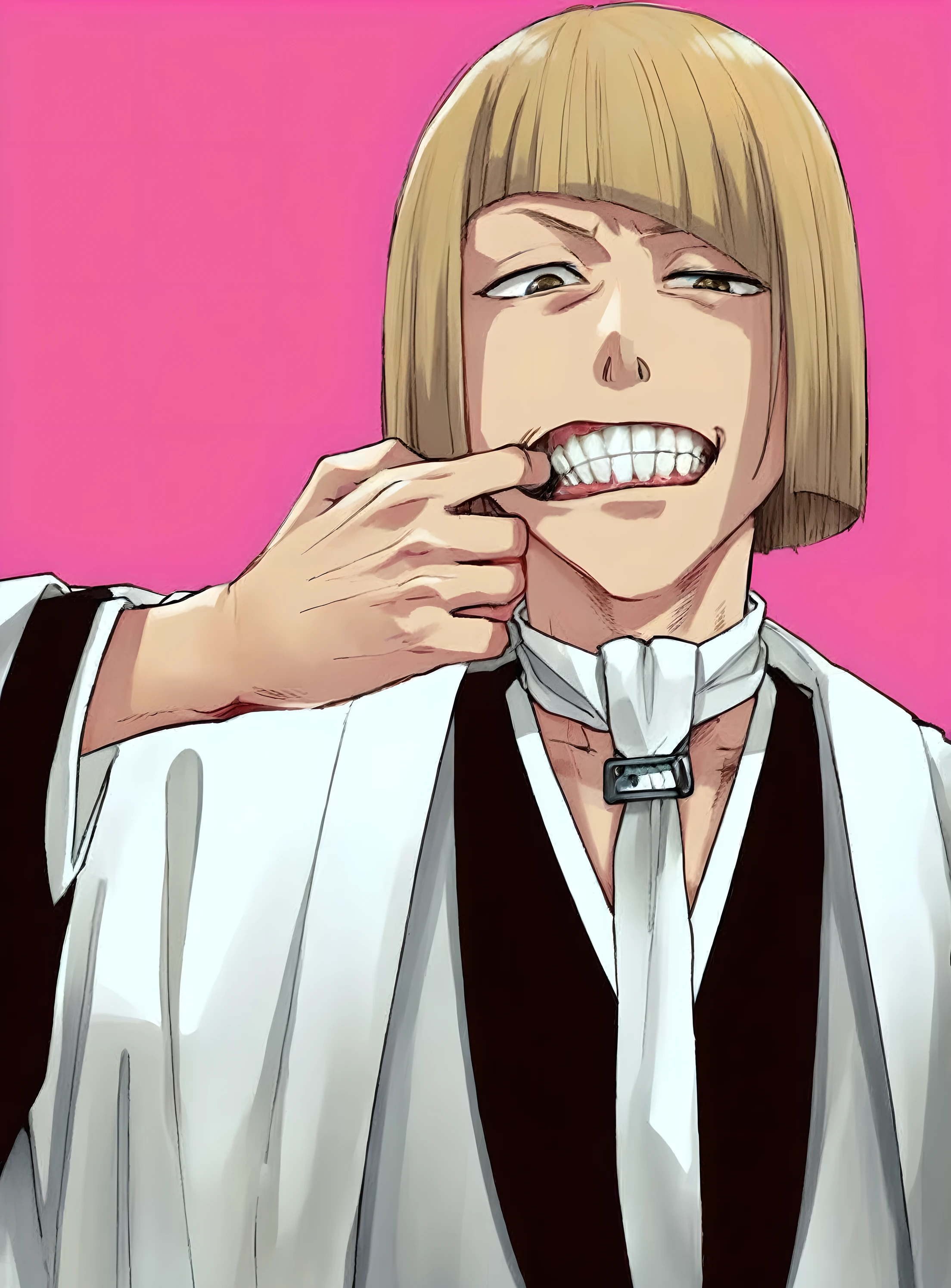 anime character with blonde hair brushing his teeth with a toothbrush, tsukasa dokite, sougo okita, okita sougo, inspired by Munakata Shikō, inspired by Kamisaka Sekka, ichigo kurosaki, l vampire, chainsaw man manga, fujita goro!, chainsaw man, light yagami