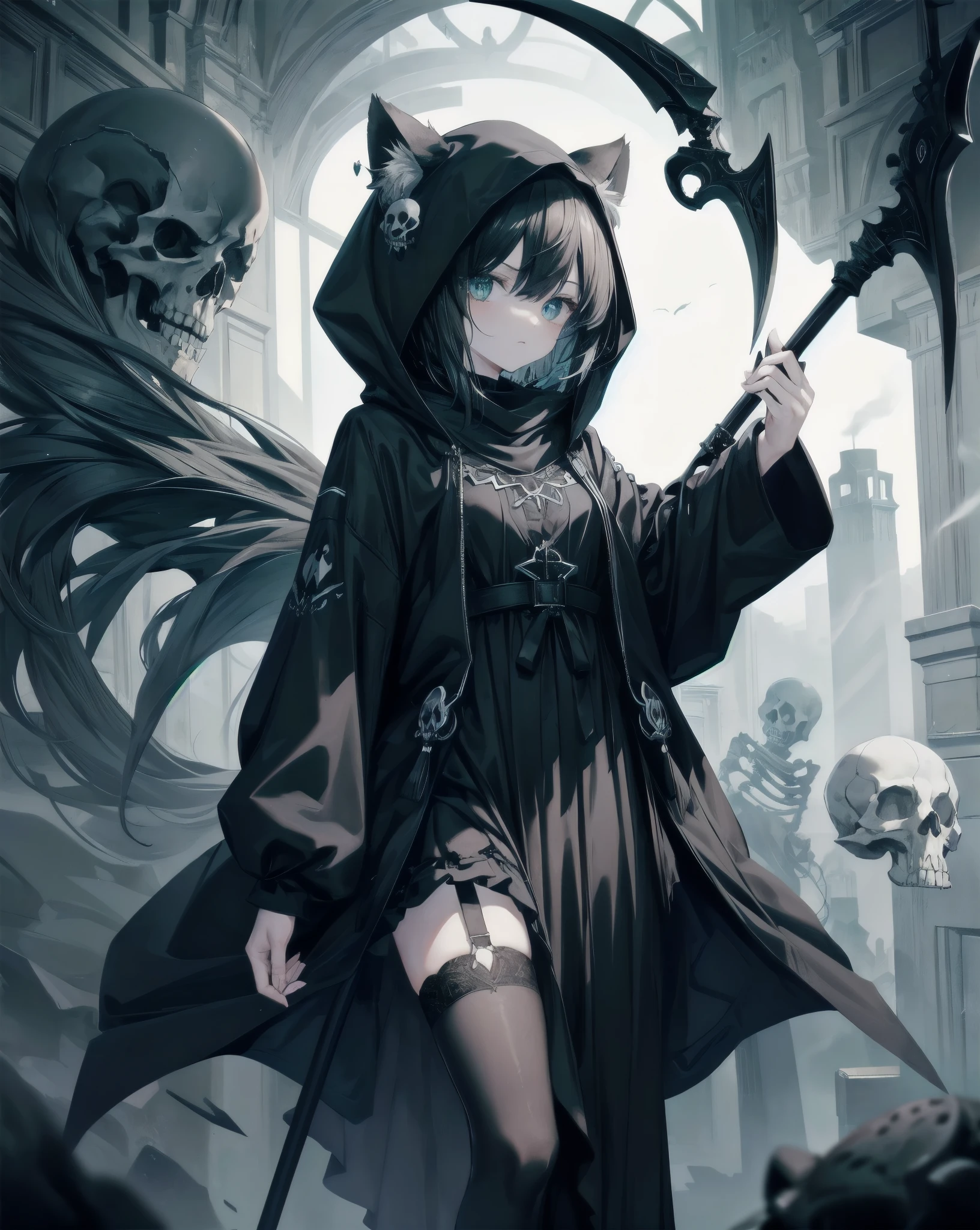 Neko ears, cat ears, black hair, grim reaper, black scythe full of blood, black-green-blade, absurdres, RAW photo, extremely delicate and beautiful, masterpiece, Best Quality, ultra high resolution, 32k, hyperrealistic, ultra-detailed, detailed description, pale skin, 20 years old, tearful mole, skull earring, short medium hair, wavy hair, whole body shot, skeleton in background, she is a necromancer. Ghost skulls on background. Aestetics. Black 1cat. Green fire on her eyes. Bare shoulders, Garter. Accent eyes. Ultra Detailed eyes.eyes focus.hoodie.skull Smoke. Skeleton behind her. She has a leg on a pile of skulls and bones.