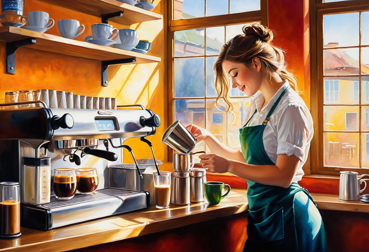 A vibrant and captivating painting of a gorgeous barista at work, showcasing her curvy figure from a side view. She is skillfully preparing a tantalizing cup of coffee, her movements fluid and precise. The sunlight streams in through the window, casting a warm glow and emphasizing the rich colors and textures. The background reveals the cozy coffee shop ambiance, with shelves filled with coffee beans, mugs, and other accessories, creating an inviting and enchanting atmosphere.