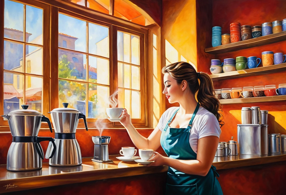 A vibrant and captivating painting of a gorgeous barista at work, showcasing her curvy figure from a side view. She is skillfully preparing a tantalizing cup of coffee, her movements fluid and precise. The sunlight streams in through the window, casting a warm glow and emphasizing the rich colors and textures. The background reveals the cozy coffee shop ambiance, with shelves filled with coffee beans, mugs, and other accessories, creating an inviting and enchanting atmosphere.