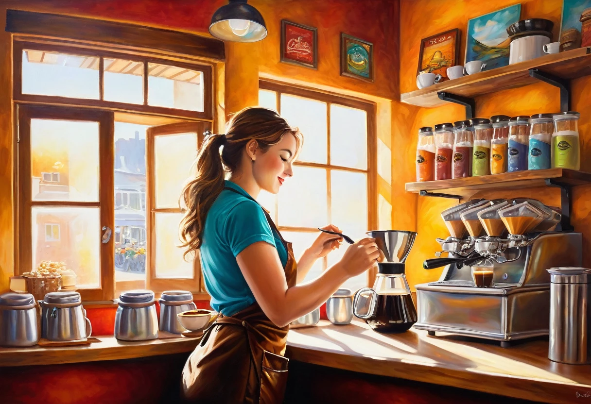 A vibrant and captivating painting of a gorgeous barista at work, showcasing her curvy figure from a side view. She is skillfully preparing a tantalizing cup of coffee, her movements fluid and precise. The sunlight streams in through the window, casting a warm glow and emphasizing the rich colors and textures. The background reveals the cozy coffee shop ambiance, with shelves filled with coffee beans, mugs, and other accessories, creating an inviting and enchanting atmosphere.
