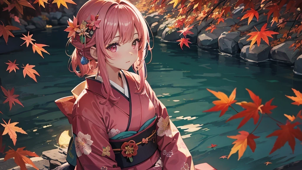 One Woman,wear(kimono),Hair is pink,Tying(Flower hair clip),blush,background(Giant Autumn Leaves)And it's falling from above,smile