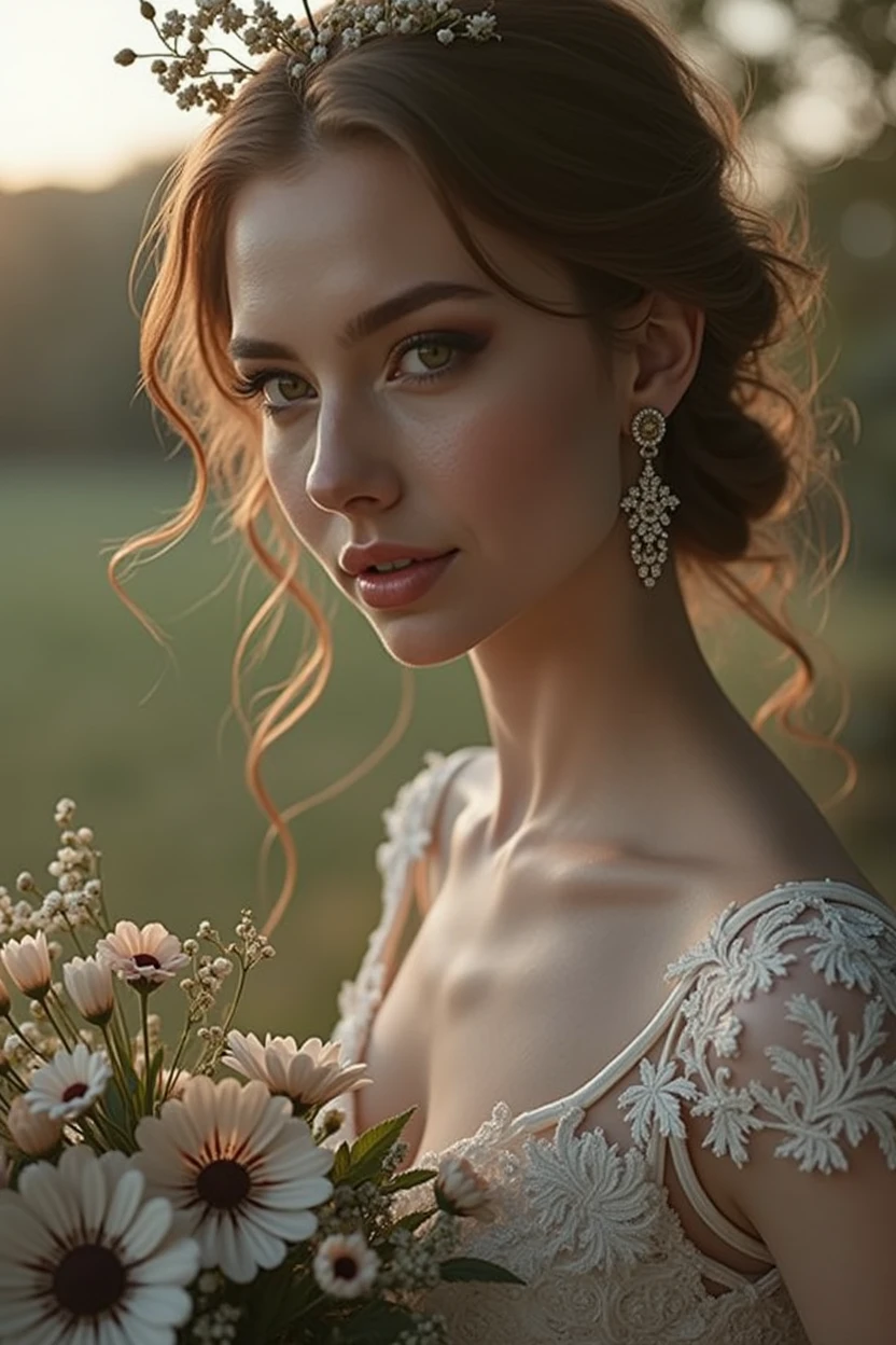 a beautiful young bride, a serene countryside landscape, (best quality,4k,8k,highres,masterpiece:1.2),ultra-detailed,(realistic,photorealistic,photo-realistic:1.37),HDR,UHD,studio lighting,extremely detailed face and eyes,beautiful detailed lips,longeyelashes,elegant wedding dress,natural sunlight,warm color tones,soft focus,cinematic composition
