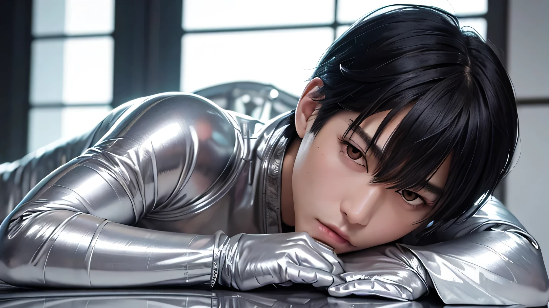 Japanese male handsome model Black Hair Short cut G-I-A-CUT looking at the camera Shiny full-body silver suit Shiny silver latex suit Fierce face Handsome future Metal Body grim stare gaze Sad expression Moist eyes I put my hand on my heart and swear