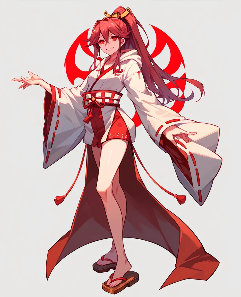 masterpiece, Highest quality, Highest quality,full body,ponytail,Shrine maiden,20-year-old,standing,Kantai Collection,Haruna,yandere,Red eyes,Sexy legs,Simple Background,Alluring, hoodie,