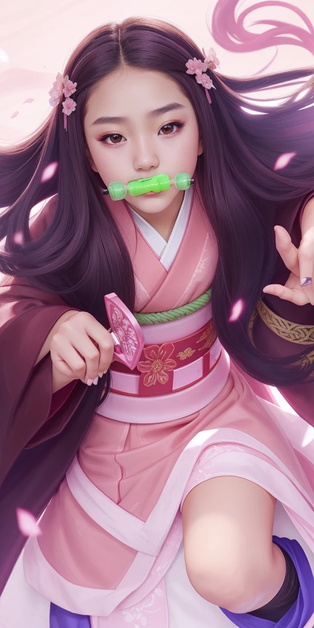 a gorgeous 12 year-old girl wearing a pink kimono with brown robe, green tube in mouth, demon slayer, extremely detailed, 8k high quality detailed art, high detailed official artwork