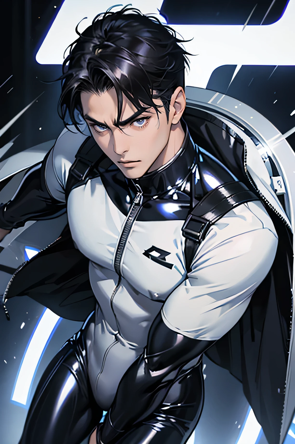 Japanese male handsome model Black Hair Short cut G-I-A-CUT looking at the camera Shiny full-body silver suit Shiny silver latex suit Fierce face Handsome future Metal Body grim stare gaze Sad expression Moist eyes