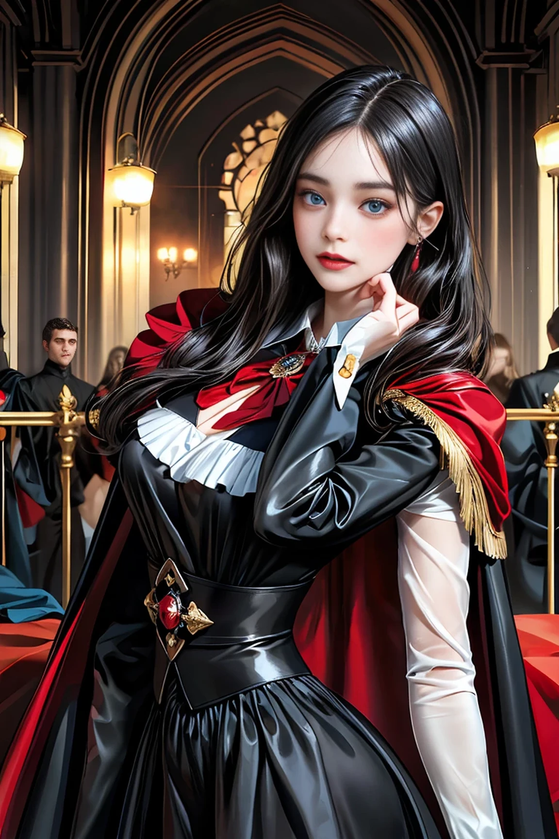 masterpiece, 最high quality, high quality, 1 girl, alone, Female focus, Watching the audience, Messy black hair, Adorable big blue eyes, White people, Noble, Noble,Sexy voluminous black and red cape、Tuxedo、A very voluminous, large, very large, very large, long, long red and black cape with a high stand-up collar, reaching down to the floor, made of a lot of fabric., 23 years old,Cute beautiful girls,Cute, cute, kind, pretty girl