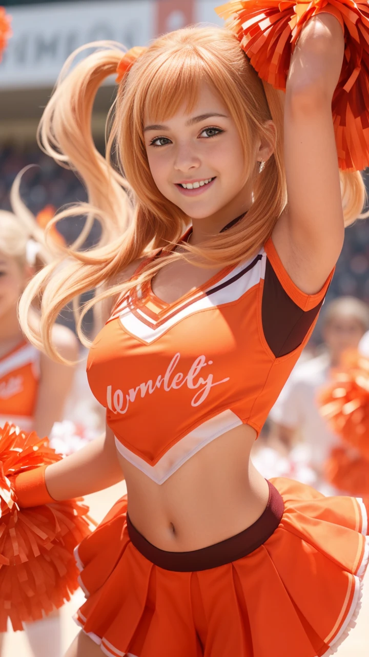 a gorgeous 12 year-old girl wearing an orange cheerleader outfit, holding pom poms, twintails, joyful smile, extremely detailed, 4k, perfect face