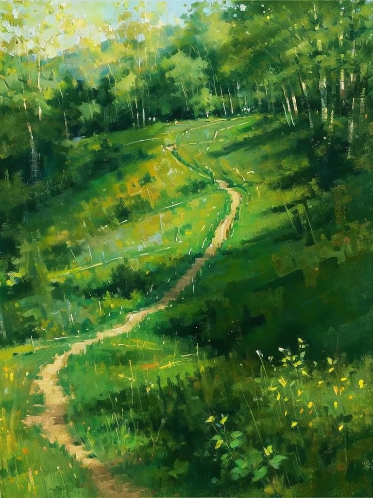 painting of a winding path in a green field with trees, 4k oil on linen, by Ni Yuanlu, smooth oil painting, green hills, 8k resolution.oil on canvas, large path, pathway, by Kim Myeong-guk, by Cheng Jiasui, amazing depth, on a green hill, award-winning oil painting, green hill