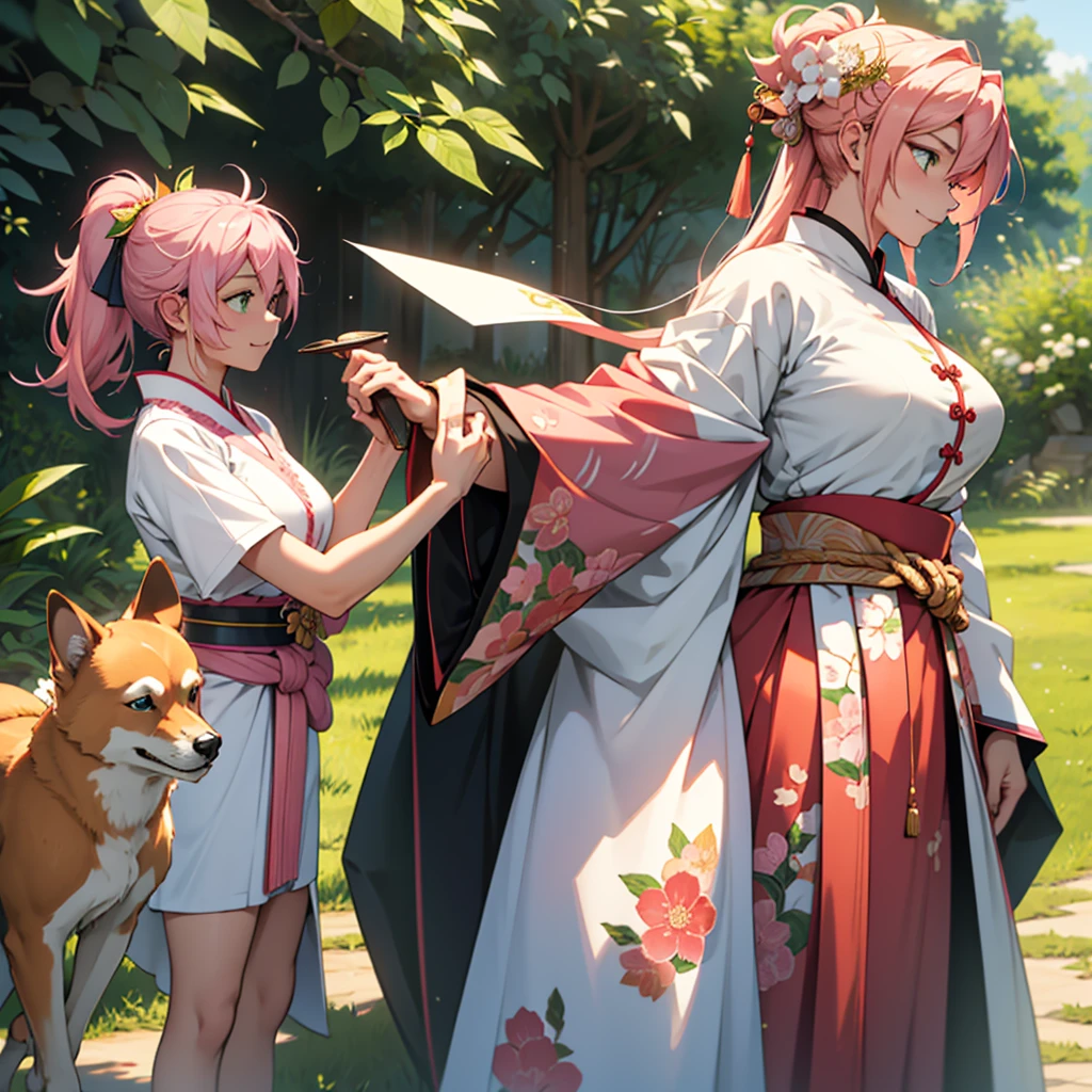Illustration of a female version of Momotaro。Characters「peach」Named、Has pink hair and emerald green eyes。She is wearing a samurai-style outfit with a peach motif.、He is lightly gripping his sword.。The costumes are based on pink and white.、With gold embroidery。The hair ornament is in the shape of a peach blossom.、She has a peach-shaped pouch on her waist.。She smiled confidently.、His eyes are fixed sharply ahead.。The background is a blue sky and a green field.、Onigashima Island can be seen in the distance。At her side is her faithful Shiba Inu、Active monkey、There is a pheasant with beautiful iridescent feathers.。peachは左手を腰に当て、Standing facing forward。 As a visual effect、peachの周りに力強いオーラを描き、Her aura is pink and gold.、Make it look like there's energy all around you。The wind is blowing in the background、Add the appearance of grass swaying in the grassland。Lightning flashes in the sky、Thunder rumbles in the sky above Onigashima.。Give the whole scene more power and impact.、The overall look will be colorful and stylish.。 Pastel colors are used extensively in the costumes and backgrounds.、Use bright, pop colors。peachの髪や衣装には虹色の反射を加え、Add more glamour to characters and scenes。Also、Sharpen the boundary between the character and the background、Create a unified and stylish visual