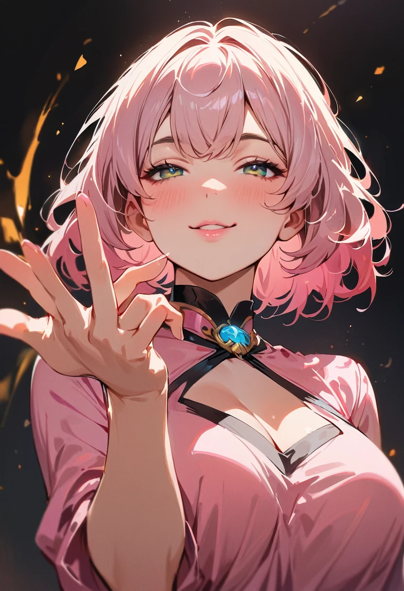 (masterpiece, best quality:1.4), 1 girl, 独奏, Off-white pupils, Blurred eyes, Close your left eye, Smile, Look up and down, Pink lower lip, peace gesture, Pink short hair, Messy hairstyle,  Royal sister, large breasts, Pink loose shirt, Vision, black background.