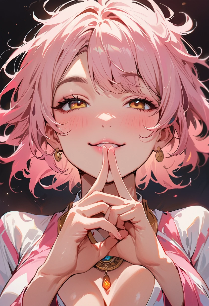 (masterpiece, best quality:1.4), 1 girl, 独奏, Off-white pupils, Blurred eyes, Close your left eye, Smile, Look up and down, Pink lower lip, peace gesture, Pink short hair, Messy hairstyle, Royal sister, large breasts, Pink loose shirt, Vision, black background.