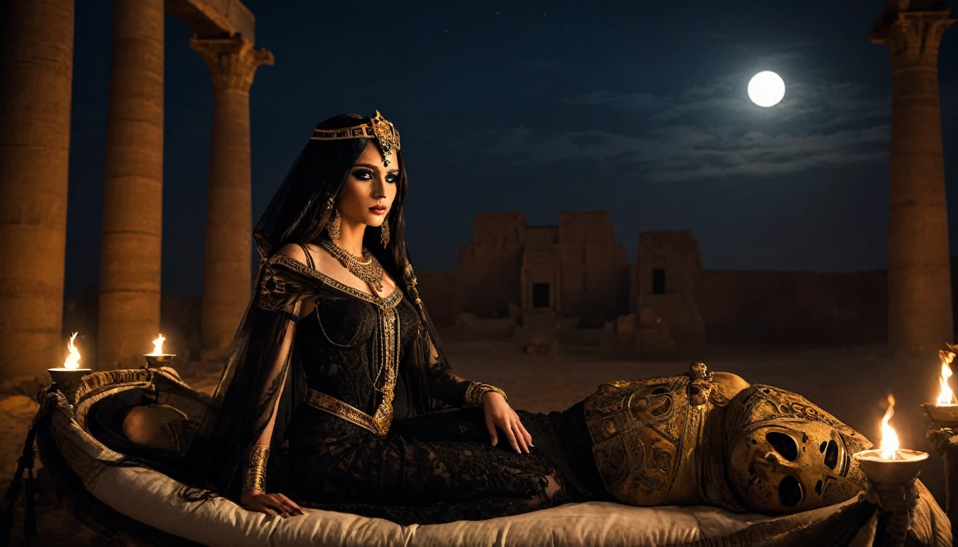 Create a visually striking scene where an Egyptian Emo Princess is being carried on a lavish, ancient palanquin by skeletal servants. The princess wears a dark, intricately designed gown with Egyptian motifs, her long, straight black hair adorned with golden ornaments and a dark, dramatic makeup that highlights her eyes. She sits regally, her expression both melancholic and powerful.
All around her, the landscape is filled with the haunting presence of demonic slaves, their glowing eyes piercing through the dim, eerie light. The scene is lit by torches casting flickering, ominous shadows and the faint glow of a blood-red moon in the sky, creating a foreboding atmosphere.
The ruins of ancient Egyptian architecture loom in the background, shrouded in darkness and mystery. The overall ambiance is one of gothic horror and ancient majesty, with the princess's presence commanding the scene amidst the unsettling surroundings.