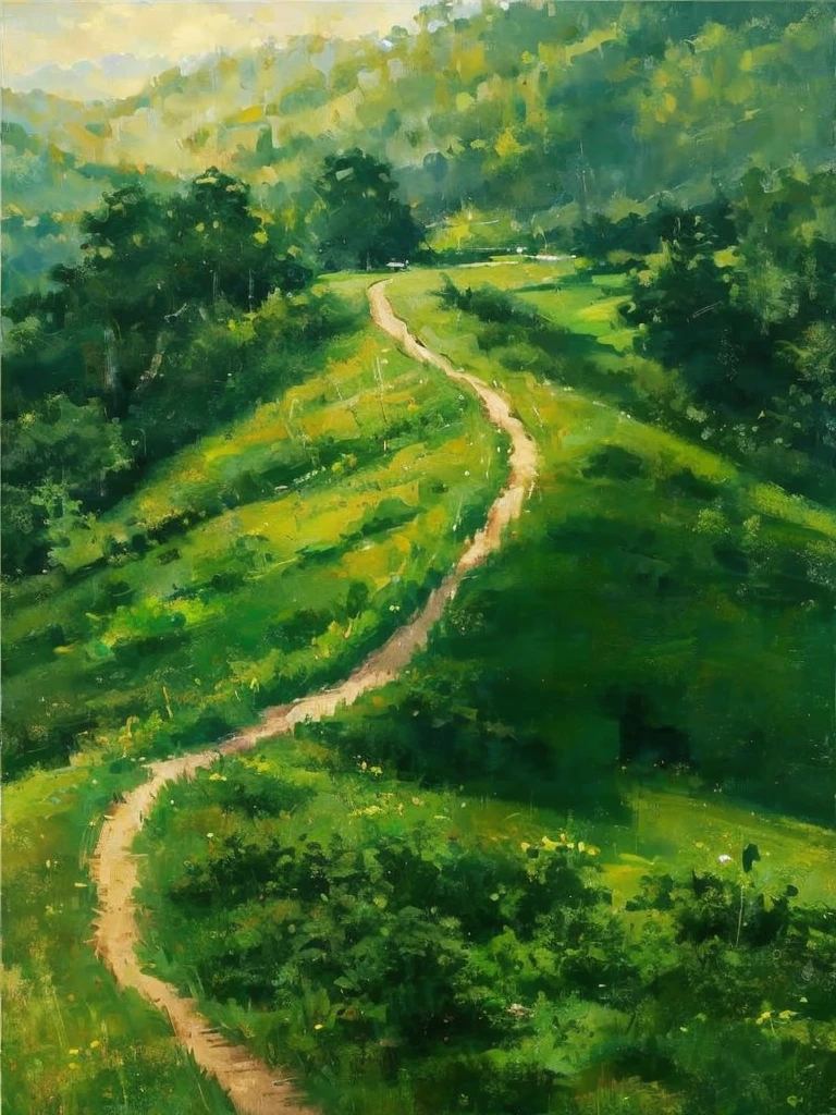 painting of a winding path in a green field with trees, 4k oil on linen, by Ni Yuanlu, smooth oil painting, green hills, 8k resolution.oil on canvas, large path, pathway, by Kim Myeong-guk, by Cheng Jiasui, amazing depth, on a green hill, award-winning oil painting, green hill