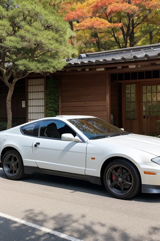 300ZX, white,autumnの葉で覆われた通りに駐車されたドリフトカー (city:1.3), autumn, Global Illumination, Volumetric lighting, Highest quality, Very detailed, CG, figure, Octane Rendering,  The background is a Japan house、The car is painted in a mirror finish