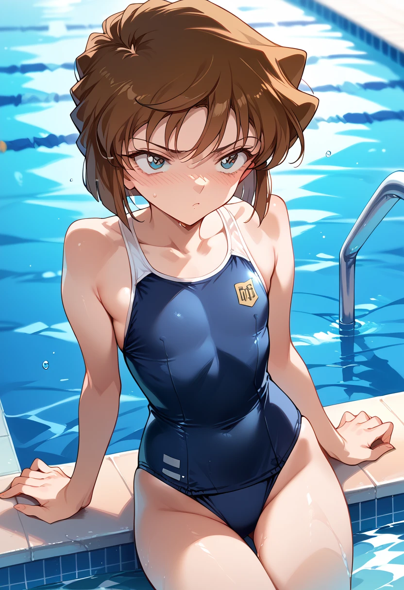 masterpiece,High resolution,Highest quality,8k(Detective Conan,ai haibara)
(***************,,Flat Chest,Short,Brown Hair,short hair)Confused eyes,Embarrassing School Swimsuit,Pool