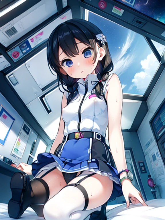 (Highest quality), (masterpiece), 1080P, High resolution, 4K, 8k, Inside the space station、Futuristic room、Thigh straps, Shooting from directly below, The woman on top of me, Nipples, 白いSweat, Covered , Sweat, Woman looking down, Skirt swimsuit, Thigh-high socks, To achieve this, , , whole body, Black leather shoes, Braided hair, Inner Color, Embarrassed face, Short black hair, bracelet, Bedroom,celestial body_Vest
