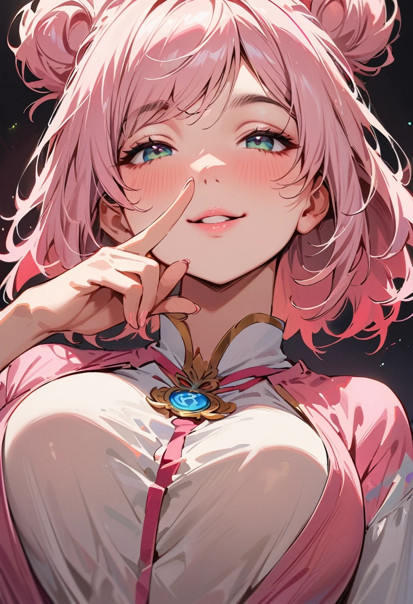 (masterpiece, best quality:1.4), 1 girl, 独奏, Off-white pupils, Blurred eyes, Close your left eye, Smile, Look up and down, Pink lower lip, peace gesture, Pink short hair, Messy hairstyle, Royal sister, large breasts, Pink loose shirt, Vision, black background.