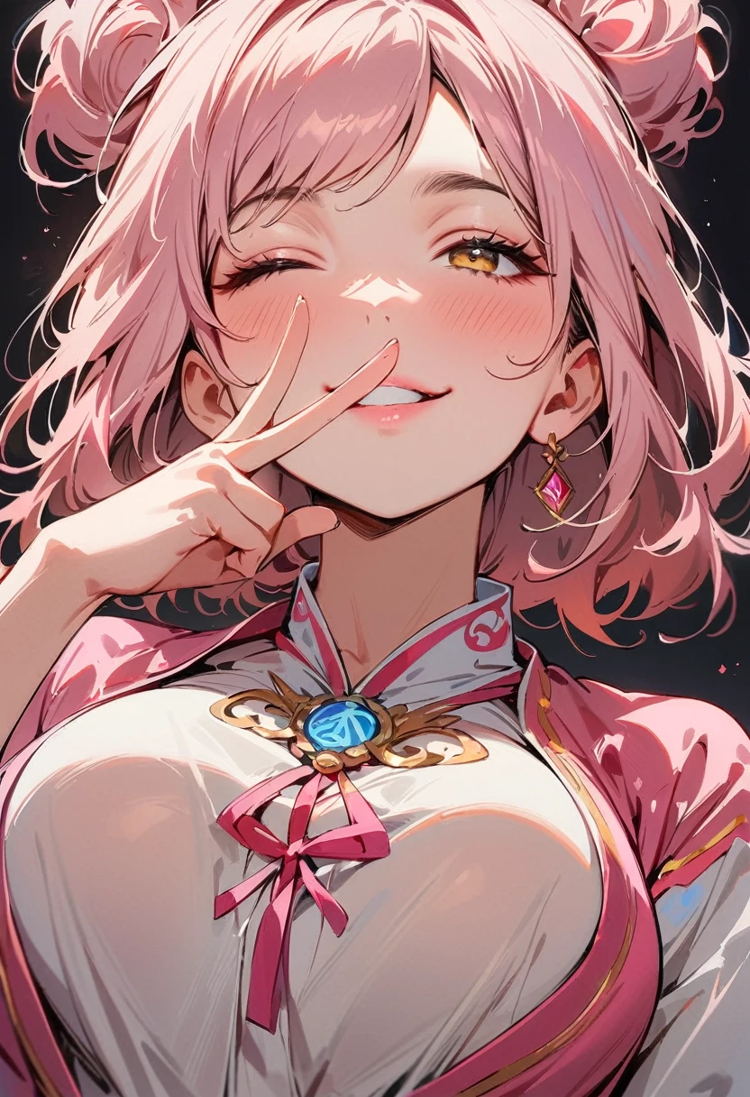 (masterpiece, best quality:1.4), 1 girl, 独奏, Off-white pupils, Blurred eyes, Close your left eye, Smile, Look up and down, Pink lower lip, peace gesture, Pink short hair, Messy hairstyle, Royal sister, large breasts, Pink loose shirt, Vision, black background.