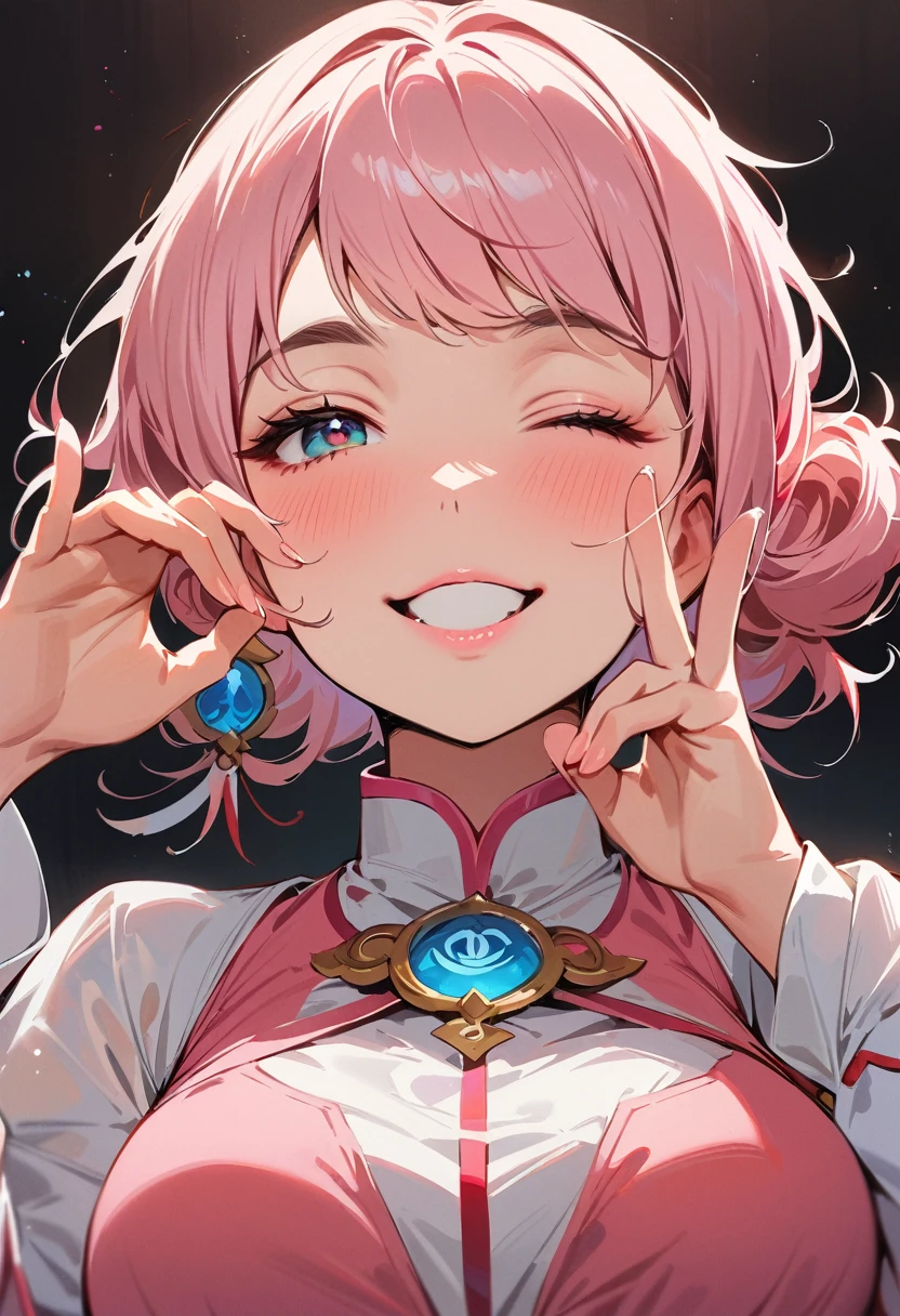 (masterpiece, best quality:1.4), 1 girl, 独奏, Off-white pupils, Blurred eyes, Close your left eye, Smile, Look up and down, Pink lower lip, peace gesture, Pink short hair, Messy hairstyle, Royal sister, large breasts, Pink loose shirt, Vision, black background.