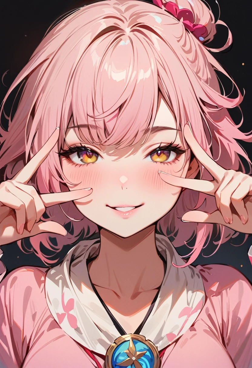 (masterpiece, best quality:1.4), 1 girl, 独奏, Off-white pupils, Blurred eyes, Close your left eye, Smile, Look up and down, Pink lower lip, peace gesture, Pink short hair, Messy hairstyle,  Royal sister, large breasts, Pink loose shirt, Vision, black background.