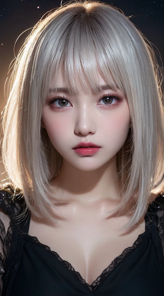 Shortcuts、Soft and fluffy、ephemeral、Starry Sky、Night view、whole body、Beautiful Hair、White skin、girl、universe, streaked hair, white hair, medium hair, mole under eye, heart-shaped pupils, chiaroscuro, cinematic lighting, sparkle, Surrealism, UHD, high details, best quality, masterpiece