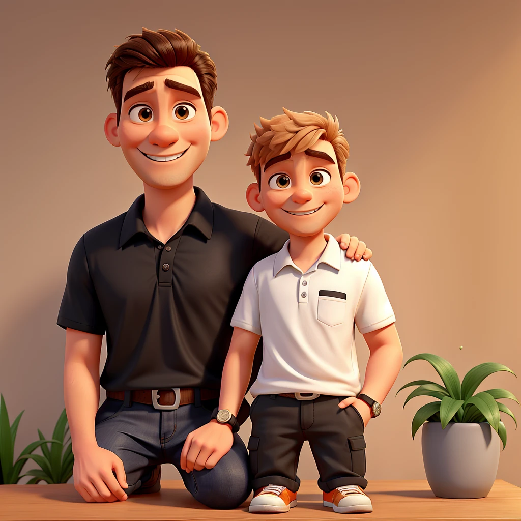 Creates a Disney Pixar style character, father holding his son on his lap and both are smiling and happy. The man is wearing a black polo t-shirt Hair: short, dark blonde color, white skin, wears a full beard on his left arm and wears a silver watch. The child is 3 years old and is wearing an orange blouse with dark blonde hair and white skin. with beautiful smile Both are on a wooden background wall with plants next to them.