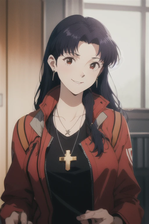 (RAW photo, best quality), 1girl,  natural lighting, solo,
katsuragi misato,  red jacket, necklace, earrings, cross, smile,