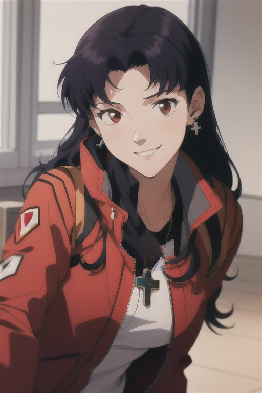 (RAW photo, best quality), 1girl,  natural lighting, solo,
katsuragi misato,  red jacket, necklace, earrings, cross, smile,