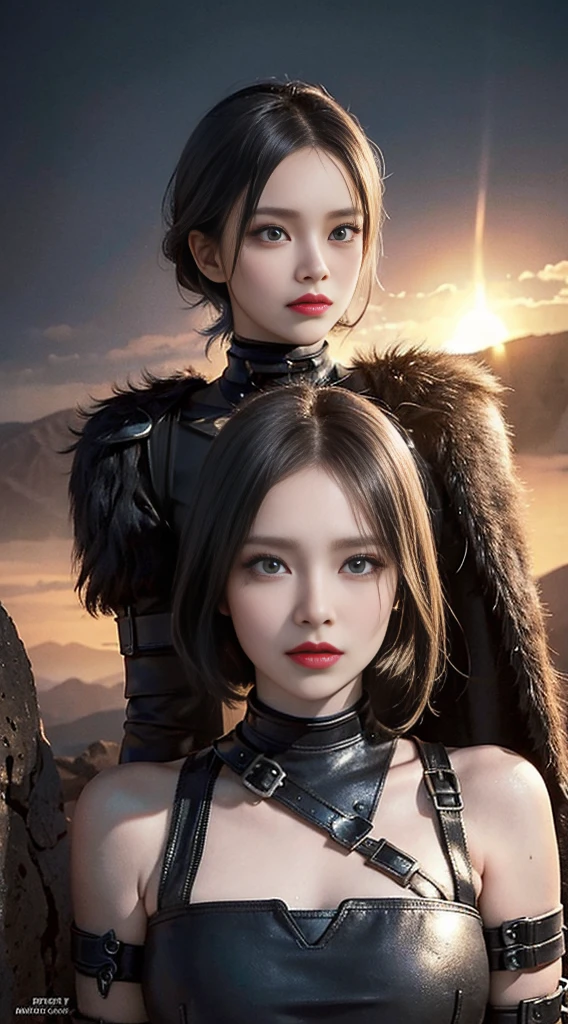 fierce,mad max,Skinny woman,Short hair,painted face,half black,huge blue eyes,illustration,detailed,very detailed face and eyes,desert background,intense expression,dystopianx style,color grading:difference,Low-key lighting,best,conceptual art,action,post apocalypse,brave,solid beauty,power,Ferocity,Valentia,survival,sand,dust,motorcycle,road warrior,war ink,lone warrior,recognized,enemy,역경 속의 power,challenge,brave,determined,choice,tomb,fearless,vigilante,elasticity,grain,Survive against all odds,robust,unceasing,brave,leader,clever,Tattered clothes,dangerous,explosive,adventure,Exciting,desert supremacy,dominance,scorching heat,resistance,dark hero,unshakable,confrontation,vivid colors,rough terrain,heroine,energy,extreme,vigor,sacrifice,epic showdown,Thunderdome,full of action,Post-apocalyptic world,adrenaline,Finals,A thrilling chase,endless scenery,desolation,society after collapse,early wasteland,remnants of civilization,strong beauty,last day,test of will,Battle for survival,apocalyptic war.