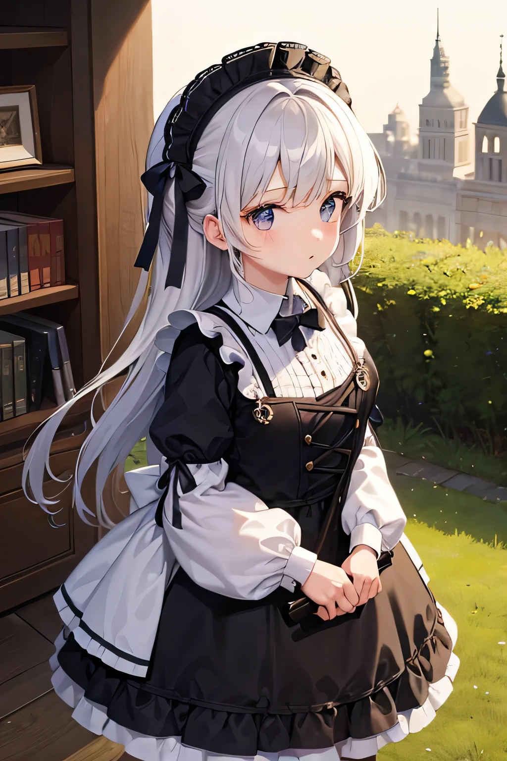 The background is the world of fancy British picture books。The girl is dressed in Gothic ta style.。holding a large crayon in one hand