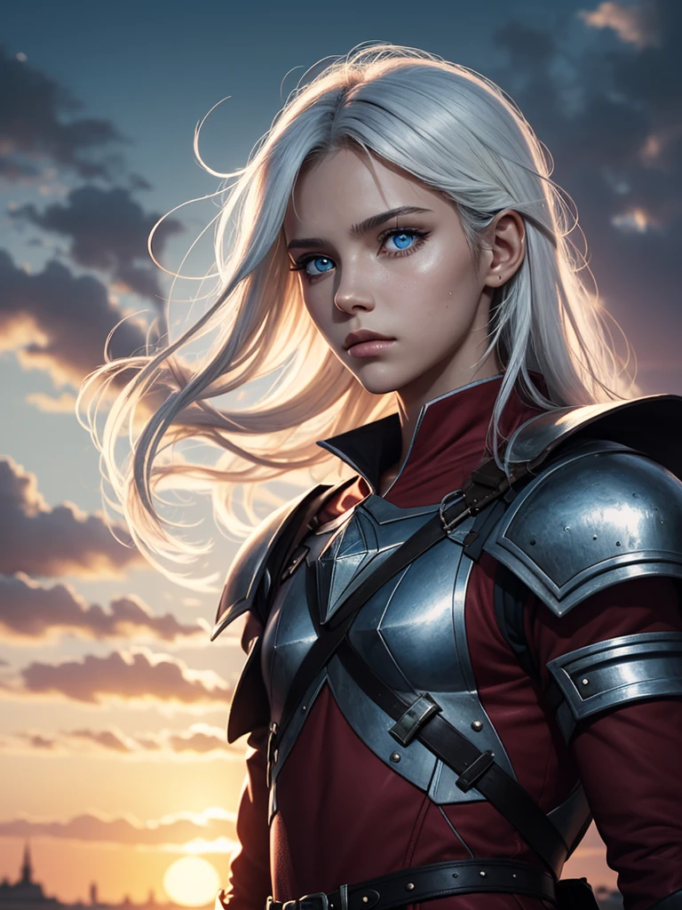  a young woman looking at the sky with white hair  , with intense blue eyes, in an anime digital art style/high quality sleeve. His face shows signs of struggle, with various bandages and scars , also in one of his eyes , carries a ruby red hexagonal shaped device . He wears dark armor , lighting that gives his face with details of sunset shadow and a sky in the background 