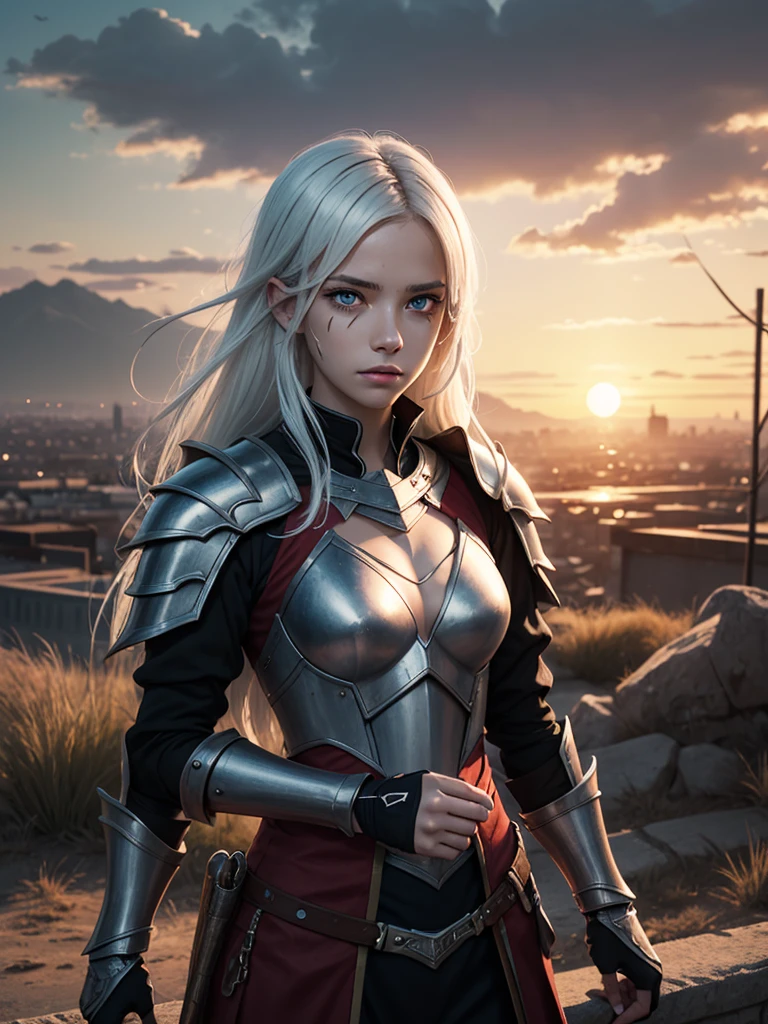 a young woman looking at the sky with white hair , with intense blue eyes, in an anime digital art style/high quality sleeve. His face shows signs of struggle, with various bandages and scars , also in one of his eyes , carries a ruby red hexagonal shaped device . He wears dark armor , lighting that gives his face with details of sunset shadow and a sky in the background