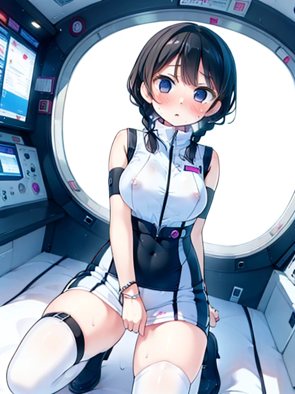 (Highest quality), (masterpiece), 1080P, High resolution, 4K, 8k, Inside the space station、Futuristic room、Thigh straps, Shooting from directly below, The woman on top of me, Nipples, 白いSweat, Covered , Sweat, Woman looking down, Skirt swimsuit, Thigh-high socks, To achieve this, s old, , whole body, Black leather shoes, Braided hair, Inner Color, Embarrassed face, Short black hair, bracelet, Bedroom,celestial body_Vest