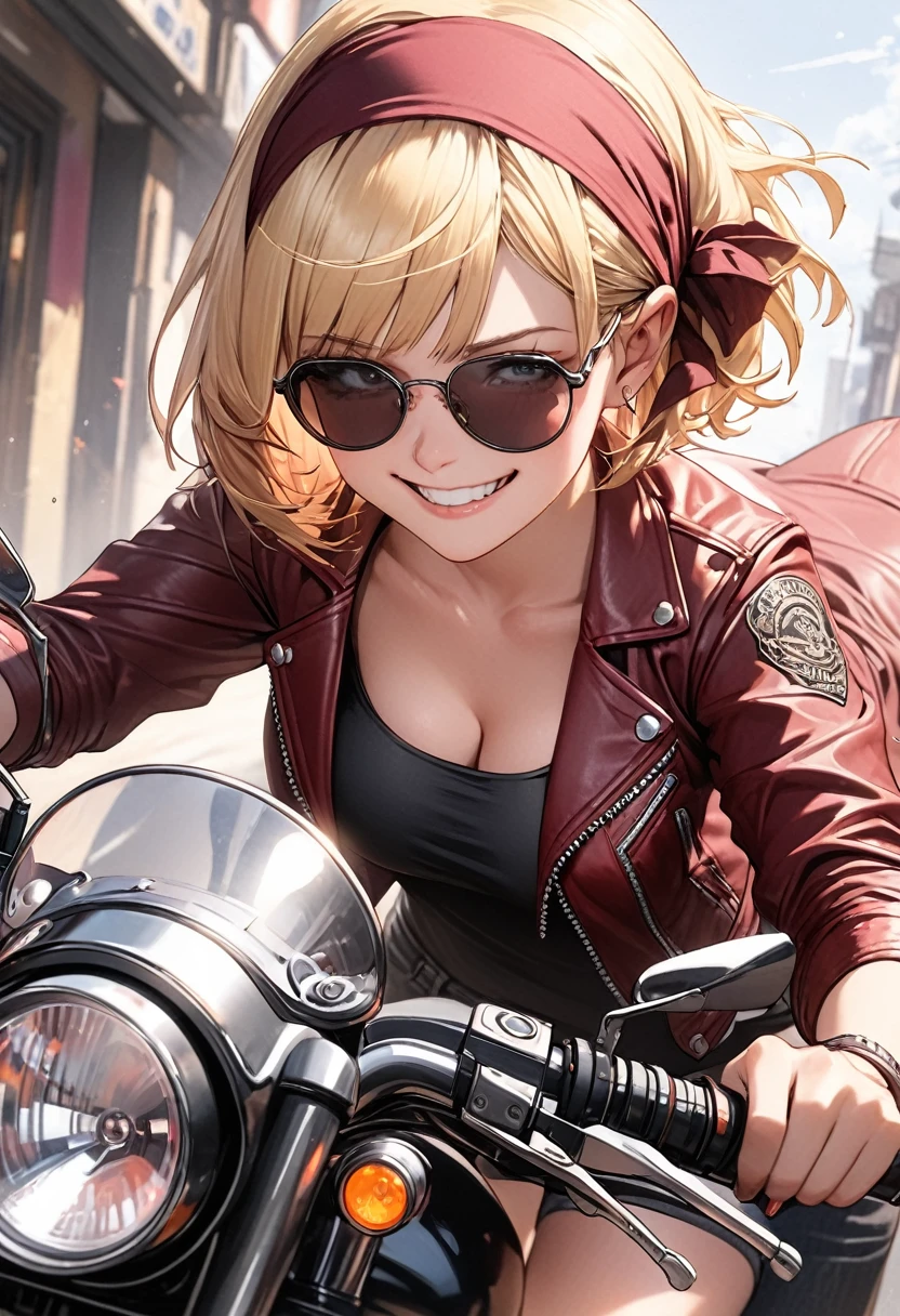 illustration, best quality,  ultra detailed, detailed illustration,  1girl,short blonde hair, sunglasses, head scarf, medium breasts, smirk, black bikini top, short shorts, maroon leather jacket, riding motorcycle