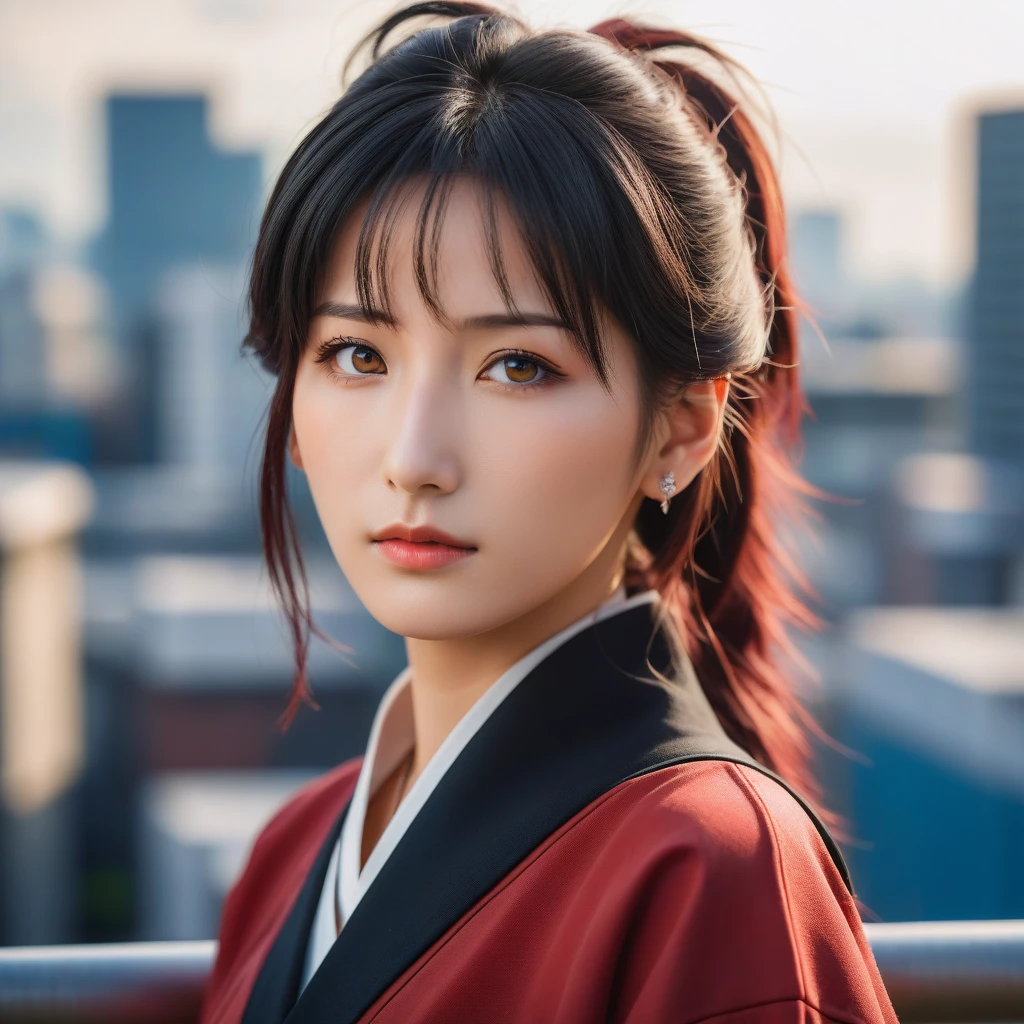 Medium close-up realistic 8K raw photography, (Captivating katsuragi misato portrait:1.3), Balanced composition, Piercing gaze, Intricate attire, (Emotive expression:1.2), Urban cityscape background, Contrasting colors, (Soft natural light:1.3), Shot with a Nikon D850, Nikkor 85mm f/1.4 lens, Crisp details, Realistic skin tones, Emotional depth