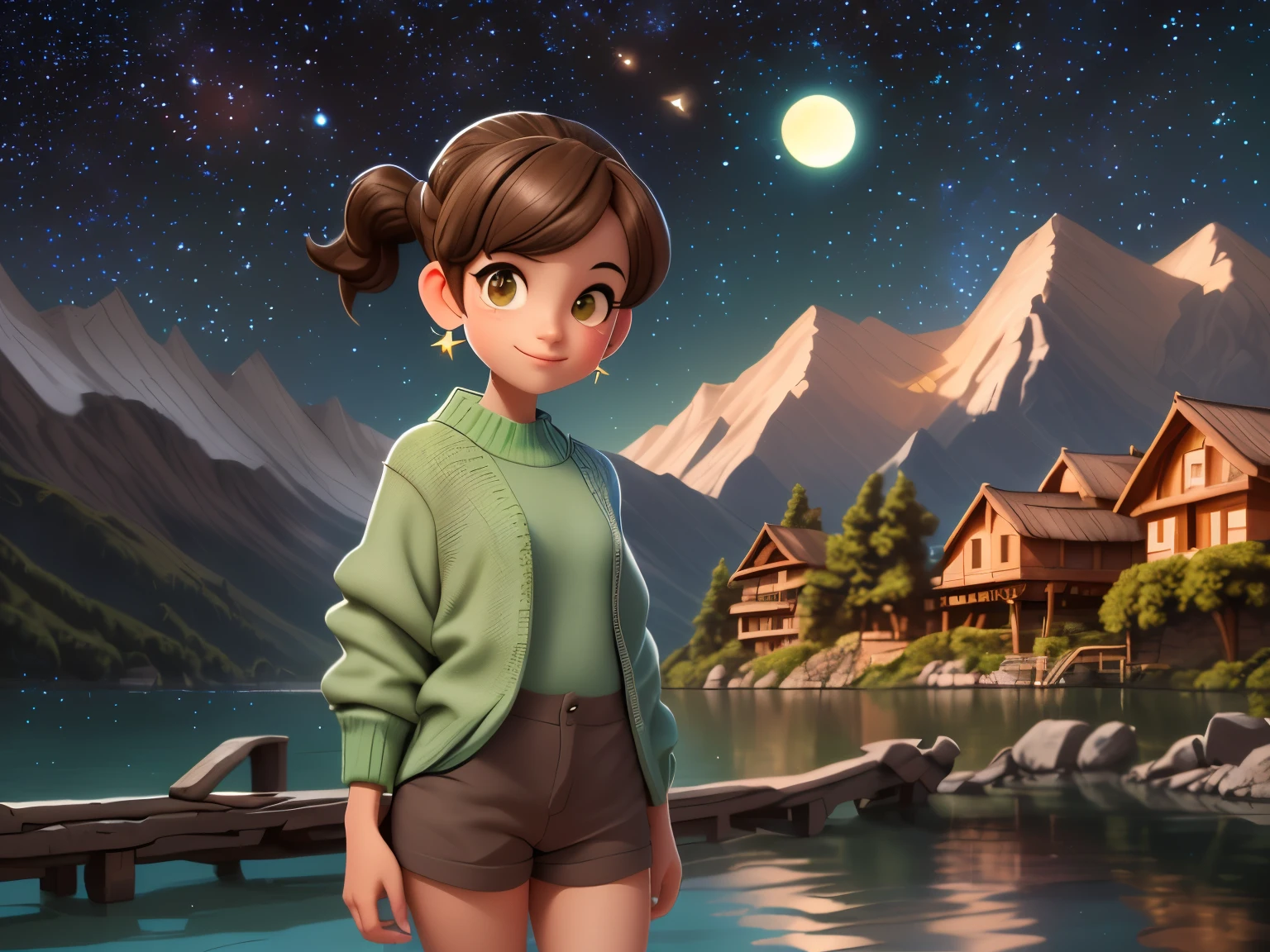 A named Nida with brown hair tied in a ponytail, wearing a green sweater and brown shorts. She is in a small village nestled between beautiful mountains and a serene lake. The night sky is filled with stars and a shining moon. The scene evokes a sense of adventure in nature.