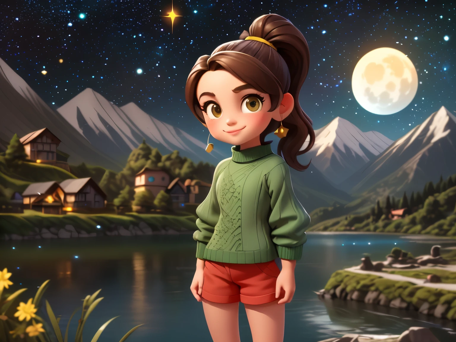 A  named Nida with brown hair tied in a ponytail, wearing a green sweater and brown shorts. She is in a small village nestled between beautiful mountains and a serene lake. The night sky is filled with stars and a shining moon. The scene evokes a sense of adventure in nature.
