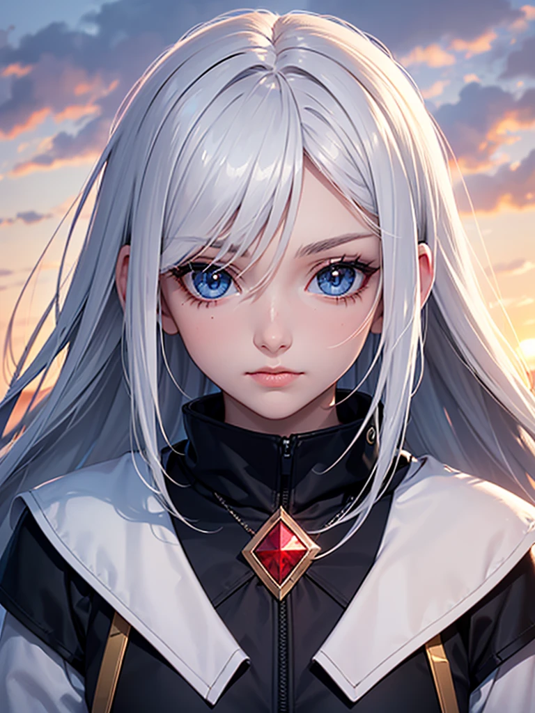 a young woman looking at the sky with white hair , with intense blue eyes, in an anime digital art style/high quality sleeve. His face shows signs of struggle, with various bandages and scars , also in one of his eyes , carries a ruby red hexagonal shaped device . He wears dark armor , lighting that gives his face with details of sunset shadow and a sky in the background