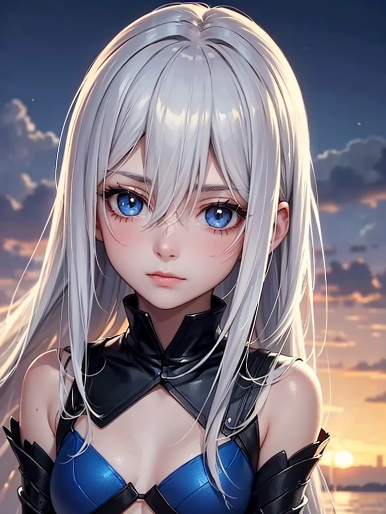 a young woman looking at the sky with white hair , with intense blue eyes, in an anime digital art style/high quality sleeve. His face shows signs of struggle, with various bandages and scars , also in one of his eyes , carries a ruby red hexagonal shaped device . He wears dark armor , lighting that gives his face with details of sunset shadow and a sky in the background