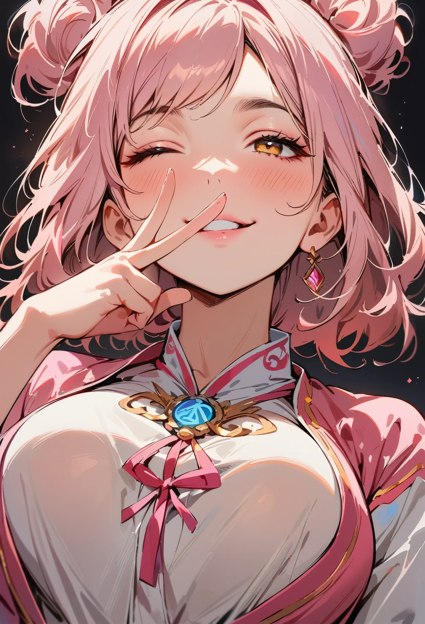 (masterpiece, best quality:1.4), 1 girl, 独奏, Off-white pupils, Blurred eyes, Close your left eye, Smile, Look up and down, Pink lower lip, peace gesture, Pink short hair, Messy hairstyle, Royal sister, large breasts, Pink loose shirt, Vision, black background.