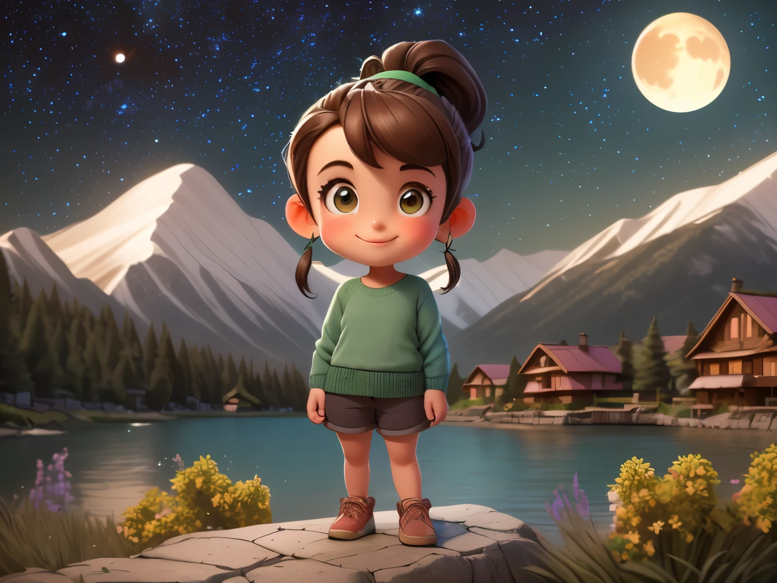 A named Nida with brown hair tied in a ponytail, wearing a green sweater and brown shorts. She is in a small village nestled between beautiful mountains and a serene lake. The night sky is filled with stars and a shining moon. The scene evokes a sense of adventure in nature.