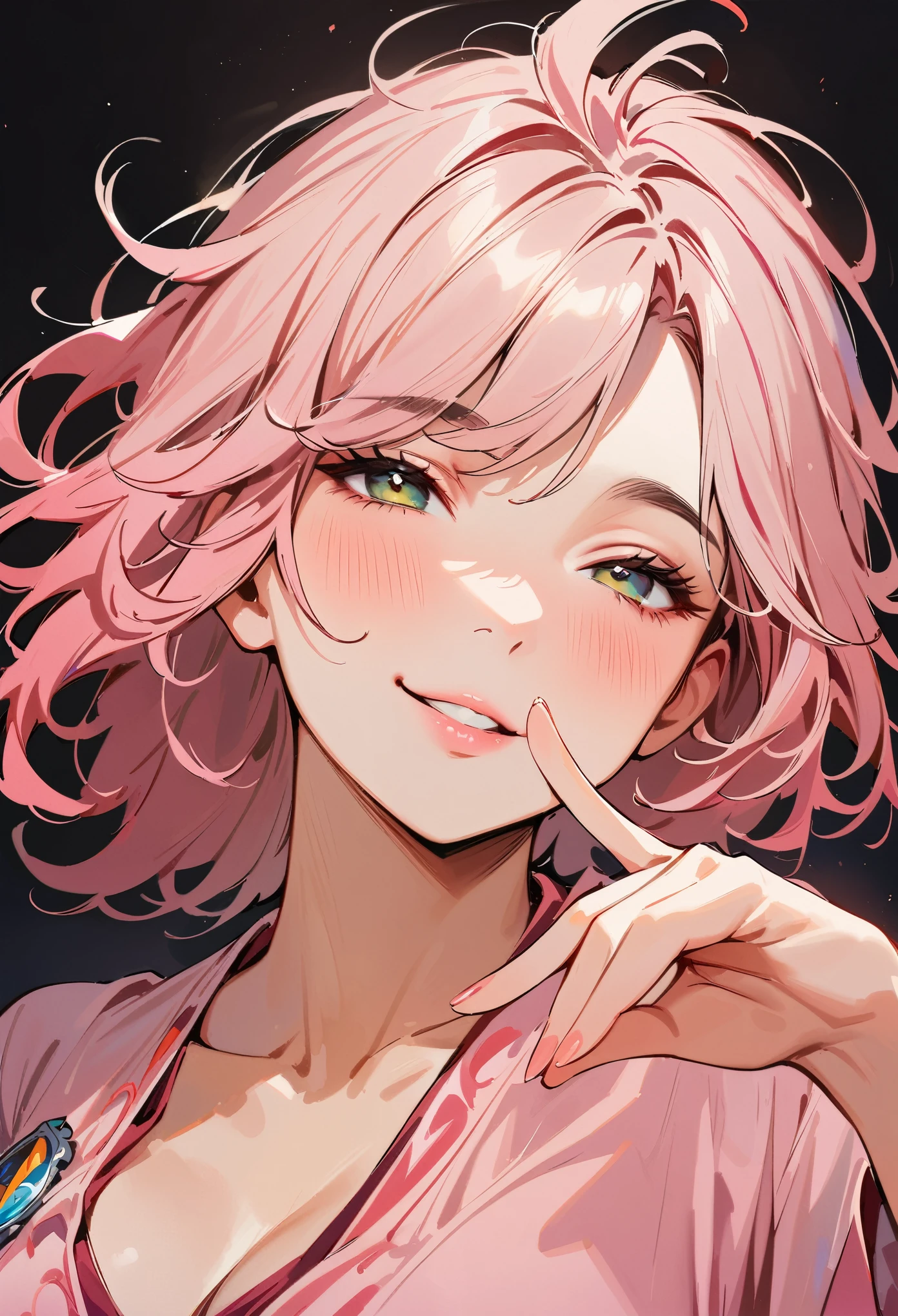 (masterpiece, best quality:1.4), 1 girl, 独奏, Off-white pupils, Blurred eyes, Close your left eye, Smile, Look up and down, Pink lower lip, peace gesture, Pink short hair, Messy hairstyle, Royal sister, large breasts, Pink loose shirt, Vision, black background.