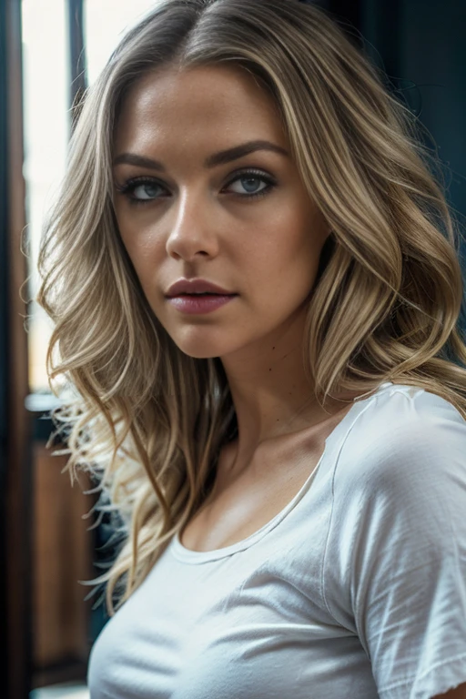 Eine sexy Influencerin, dark blonde wavy hair, blue eyes, Natural make-up, trained, wear a bh, a white t-shirt and jeans, Strand, dynamic lighting, masterpiece, extremely detail, Film scene, dramatic photo, perspective, Vignette, filmic, close up to the straight face