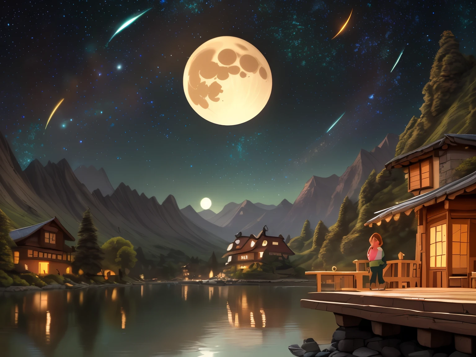 A  named Nida with brown hair tied in a ponytail, wearing a green sweater and brown shorts. She is in a small village nestled between beautiful mountains and a serene lake. The night sky is filled with stars and a shining moon. The scene evokes a sense of adventure in nature.
