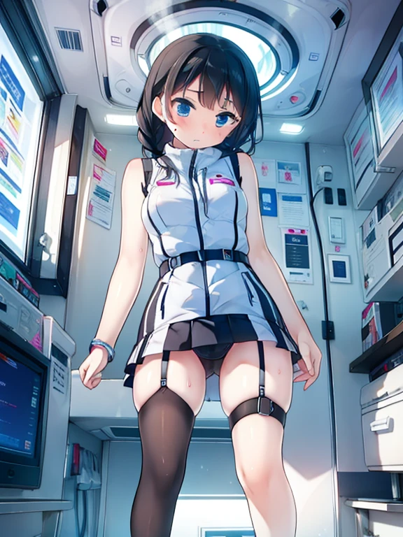 (Highest quality), (masterpiece), 1080P, High resolution, 4K, 8k, Inside the space station、Futuristic room、Thigh straps, Shooting from directly below, The woman on top of me, Nipples, 白いSweat, Covered , Sweat, Woman looking down, Skirt swimsuit, Thigh-high socks, To achieve this, , , whole body, Black leather shoes, Braided hair, Inner Color, Embarrassed face, Short black hair, bracelet, Bedroom,celestial body_Vest