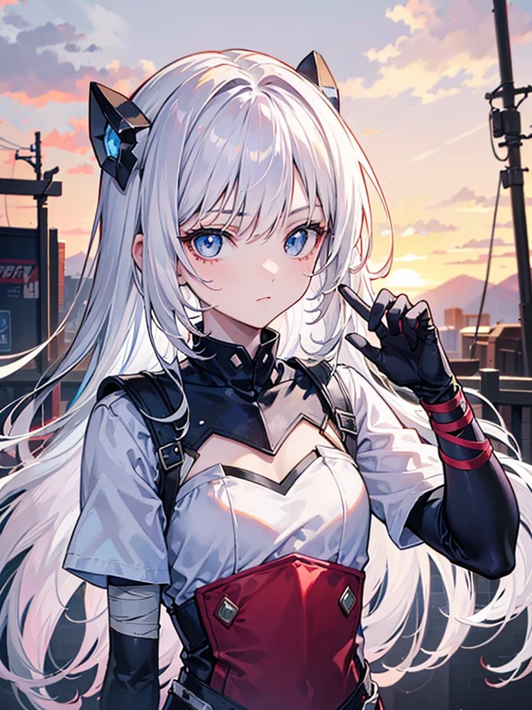 a young woman looking at the sky with white hair , with intense blue eyes, in an anime digital art style/high quality sleeve. His face shows signs of struggle, with various bandages and scars , also in one of his eyes , carries a ruby red hexagonal shaped device . He wears dark armor , lighting that gives his face with details of sunset shadow and a sky in the background