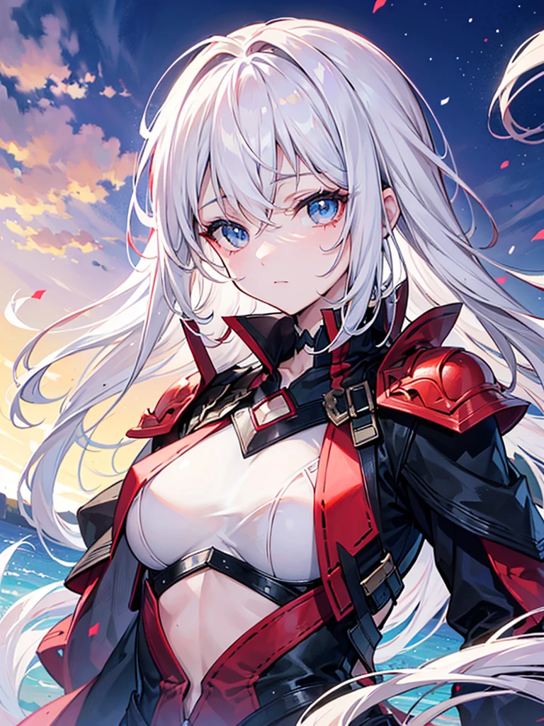 a young woman looking at the sky with white hair , with intense blue eyes, in an anime digital art style/high quality sleeve. His face shows signs of struggle, with various bandages and scars , also in one of his eyes , carries a ruby red hexagonal shaped device . He wears dark armor , lighting that gives his face with details of sunset shadow and a sky in the background