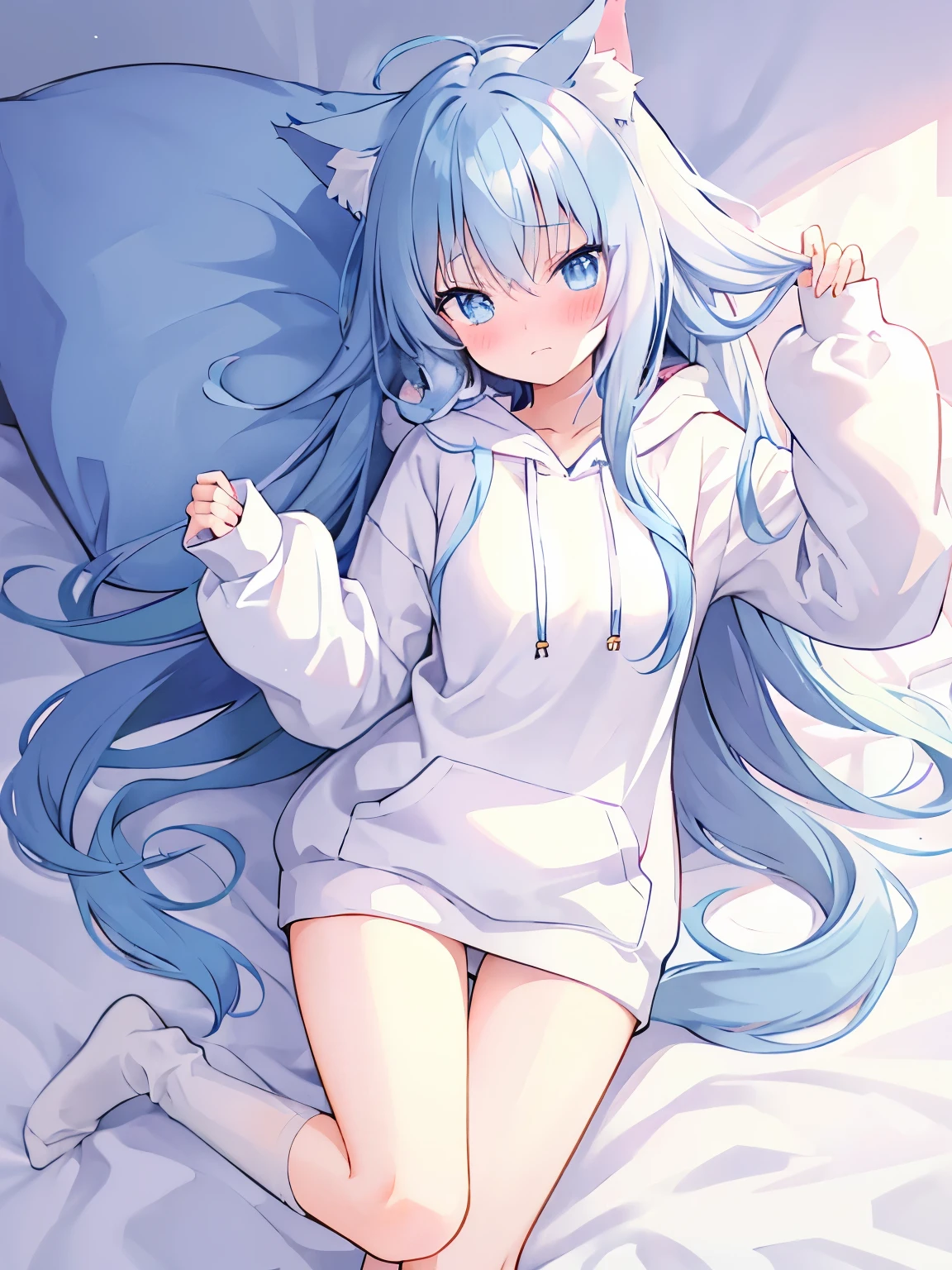 Cute anime girl, laying in bed, cute++, Long blue hair, cat ears, hoodie (white fluffy hoodie)++, exposed thighs, socks, shy (blushing)